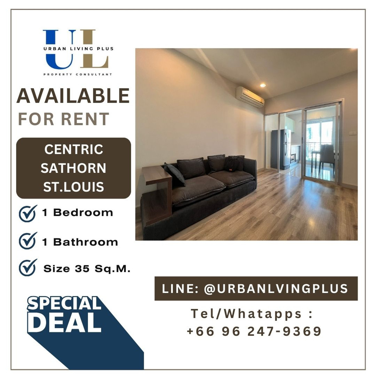 ให้เช่าคอนโดสาทร นราธิวาส : ( UL2601142 ) Tel/Line 096-2479369 ให้เช่า !! เซ็นทริค สาทร - เซนต์หลุยส์ 1 ห้องนอน 1 ห้องน้ำ 35 ตร.ม. ห้องมุม ✨✨
