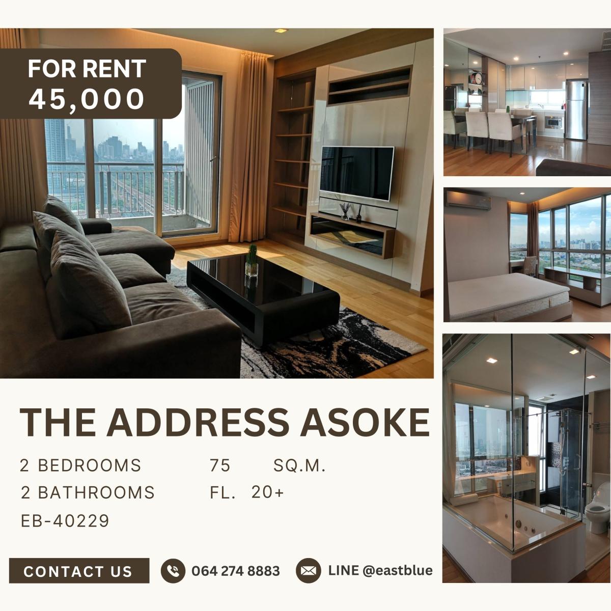 For RentCondoRama9, Petchburi, RCA : The Address Asoke, 2 bed, 45000 per month
