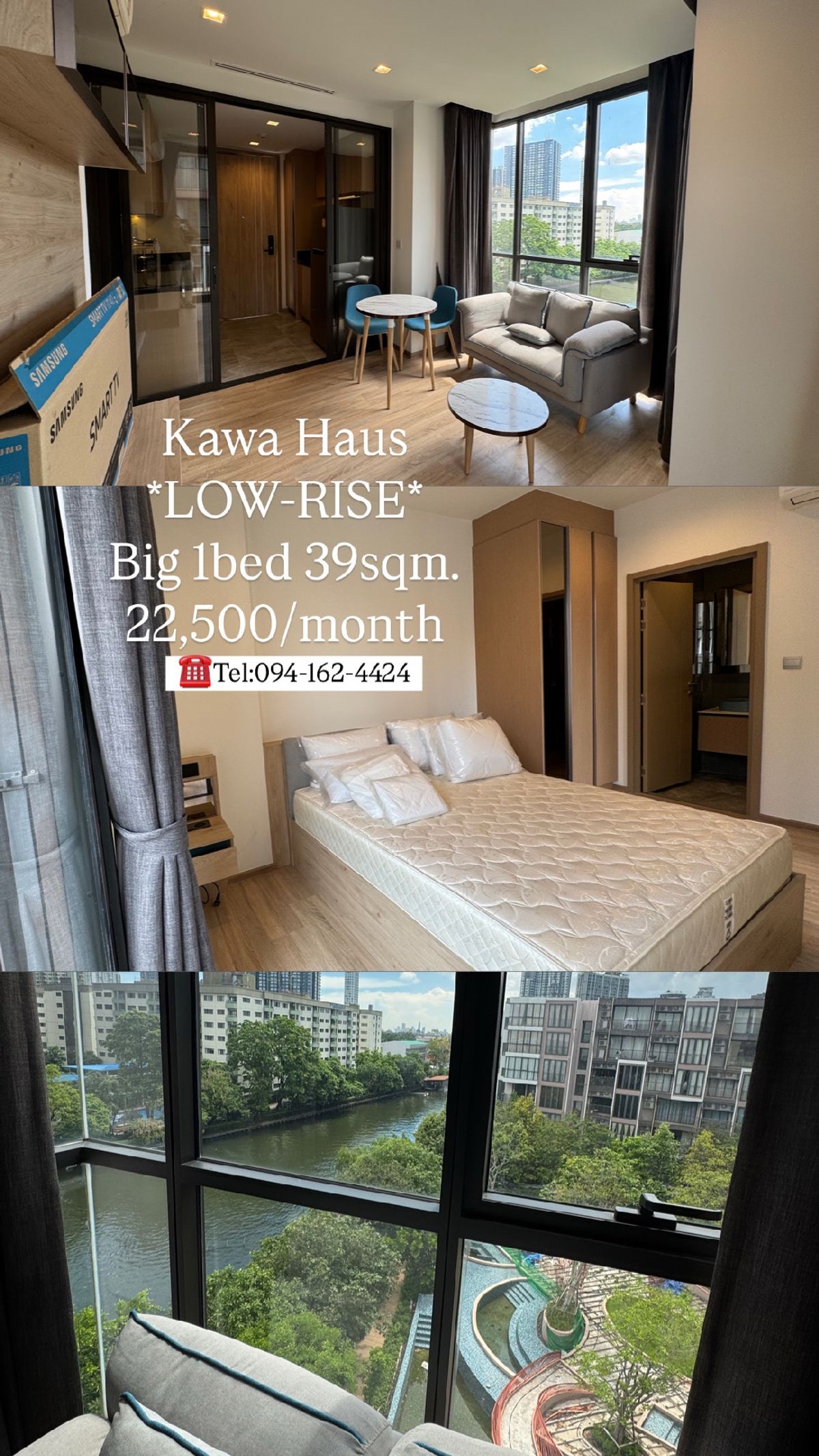 ให้เช่าคอนโดอ่อนนุช อุดมสุข : KAWA HAUS,, Resort Condo @BTS Onnut  22,000/moth*CORNER ROOM* Canal view&Pool view ☎️ Tel: 094-162-4424
