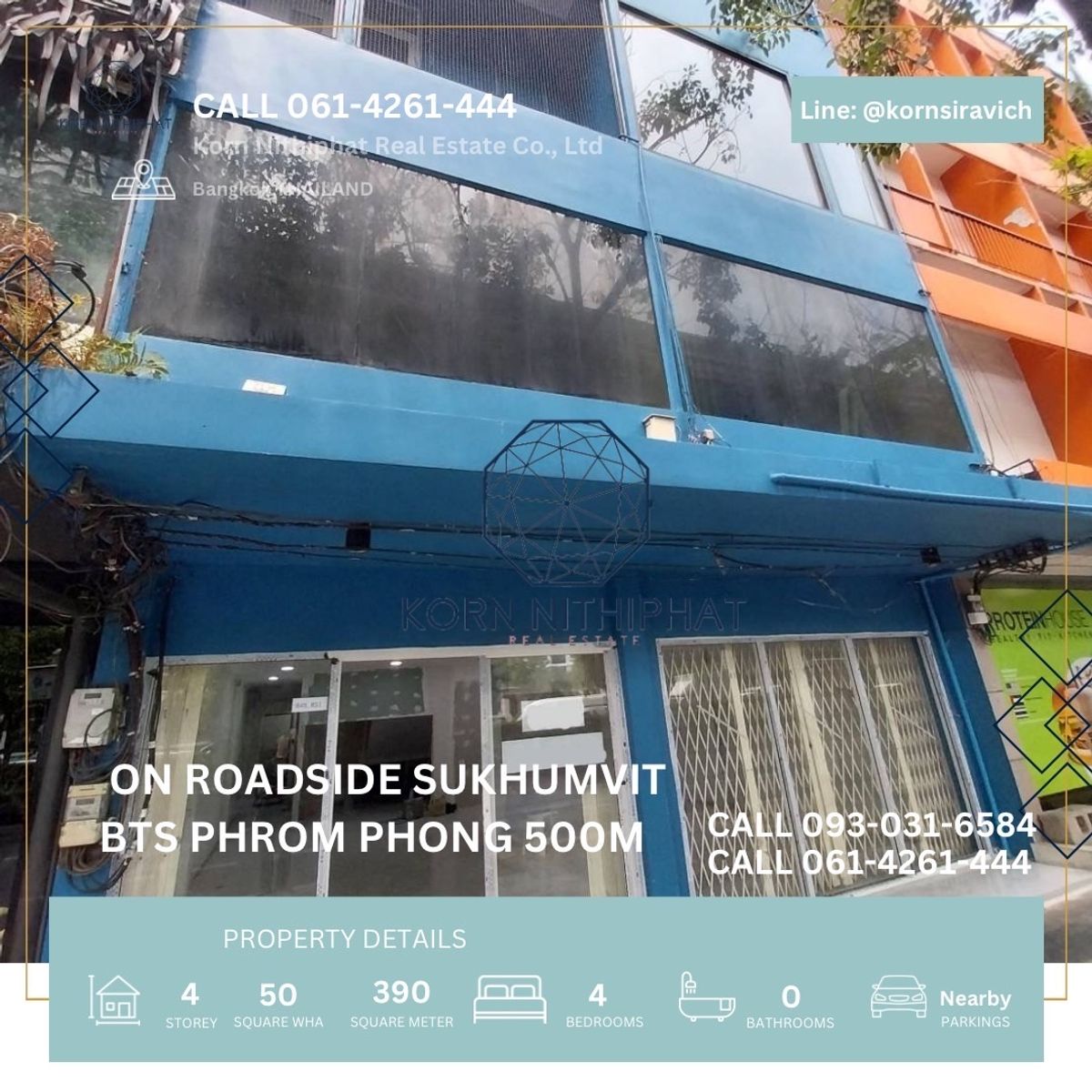 For RentShop HouseSukhumvit, Asoke, Thonglor : Rent a commercial building 2 booths along the Sukhumvit Road, Phrom Phrom Road, Bangkok, just 550 meters, people passing by foreigners, tourists, parking spaces