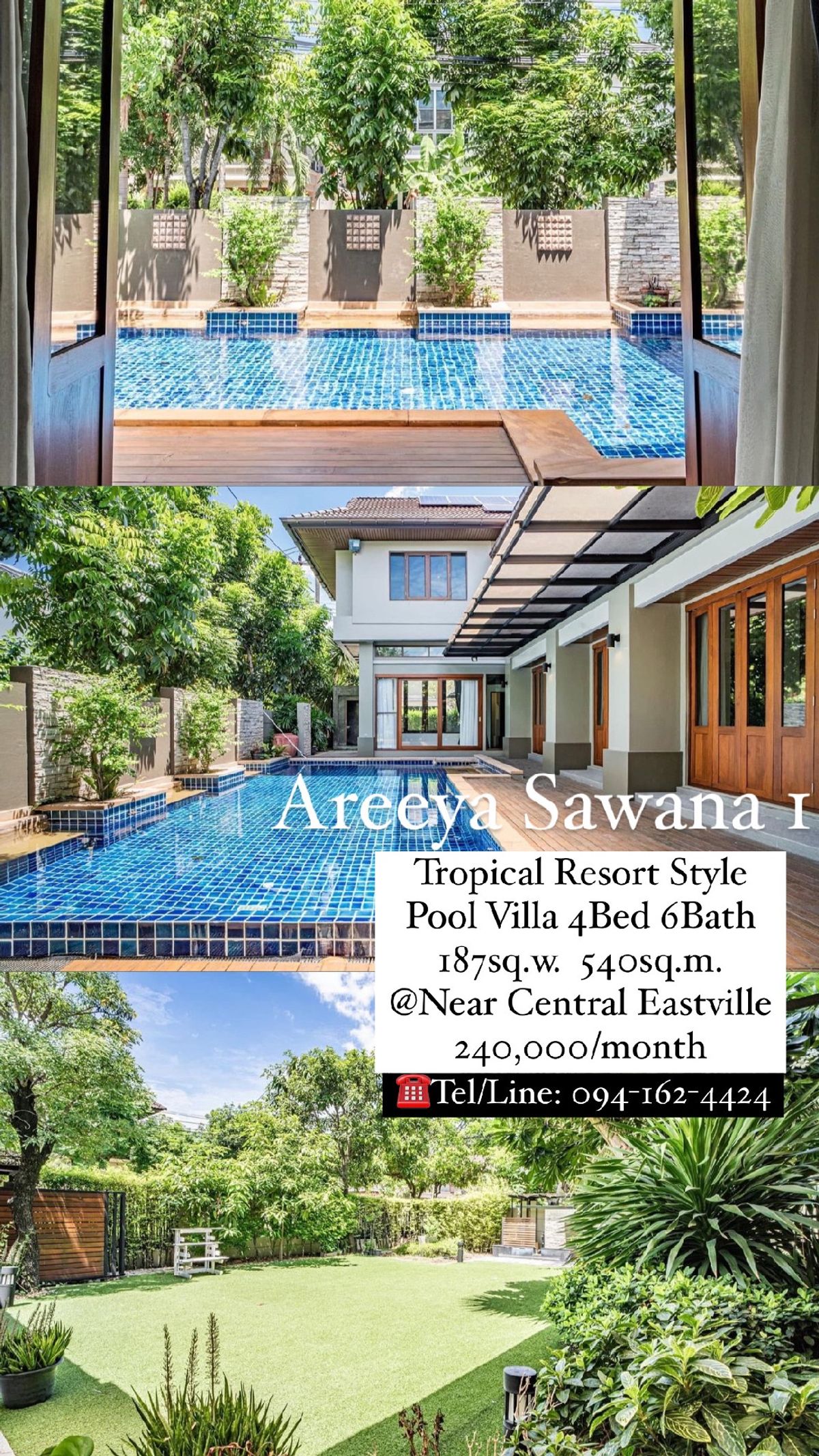 ให้เช่าบ้านเกษตร นวมินทร์ ลาดปลาเค้า : [For Rent] 4Bed Pool Villa Luxury Areeya Sawana 1 @Near Central Eastville ☎️Tel/Line: 094-162-4424