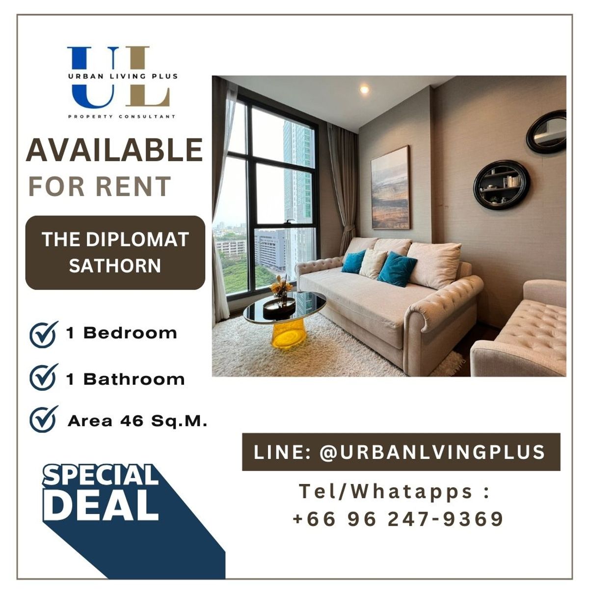ให้เช่าคอนโดสาทร นราธิวาส : ( UL2404422 ) Tel/Line 096-2479369 เดอะ ดิโพลแมท สาทร ให้เช่า , 1 ห้องนอน, 1 ห้องน้ำ, 45 ตร.ม. ห้องสวย ราคาพิเศษ!!