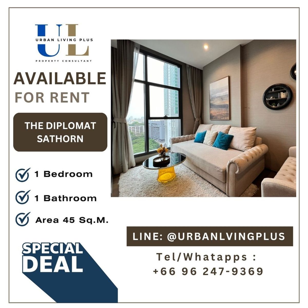 ให้เช่าคอนโดสาทร นราธิวาส : ( U20240442200 ) Tel/Line 096-2479369 เดอะ ดิโพลแมท สาทร ให้เช่า , 1 ห้องนอน, 1 ห้องน้ำ, 45 ตร.ม. ห้องสวย ราคาพิเศษ!!