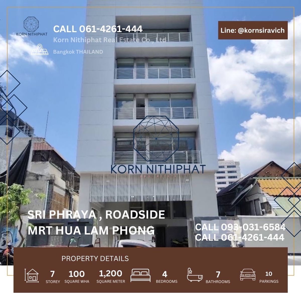 For RentShop HouseSilom, Saladaeng, Bangrak : Renting a new building, constructing 7 floors, has an elevator on the main road. Four Phraya has 10 parking spaces near the MRT subway, Hua Lamphong Station, 1 kilometer, suitable for office, clinic, training center, training staff, techniques for mainten