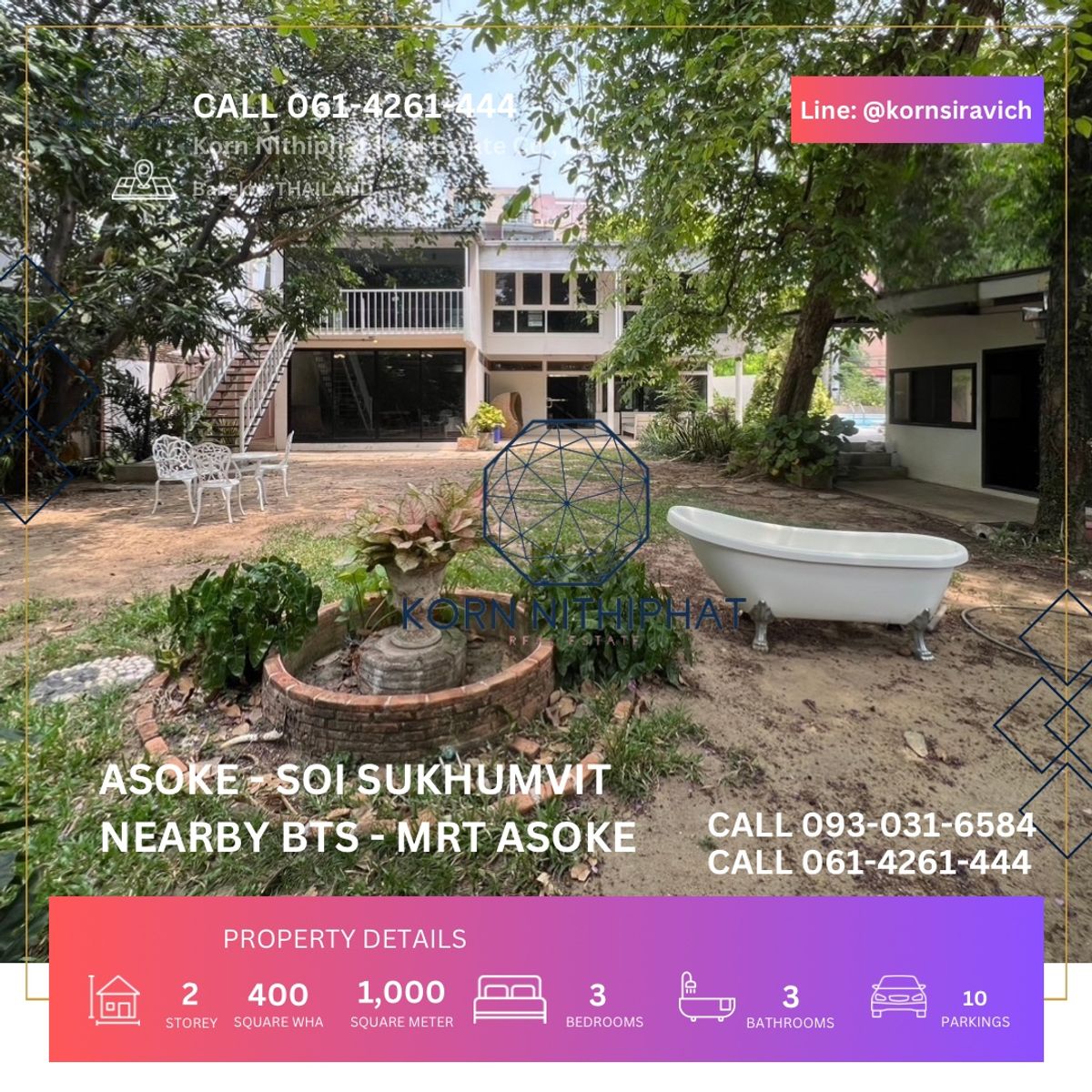 ให้เช่าร้านค้า/ตลาดนัดสุขุมวิท อโศก ทองหล่อ : ปล่อยเช่า บ้านเดี่ยว 1 ไร่ (400 ตารางวา) ที่จอดรถ 10 คัน ย่าน อโศก สุขุมวิท กรุงเทพมหานคร , สำหรับ คาเฟ่ ร้านอาหาร สตูดิโอ สปอร์ต คลับ พิลาทีส โยคะ CrossFit , คลินิก ความงาม เวชกรรม ศาสตร์การชะลอวัย ฟื้นฟูร่างกาย , ออฟฟิศบริษัท