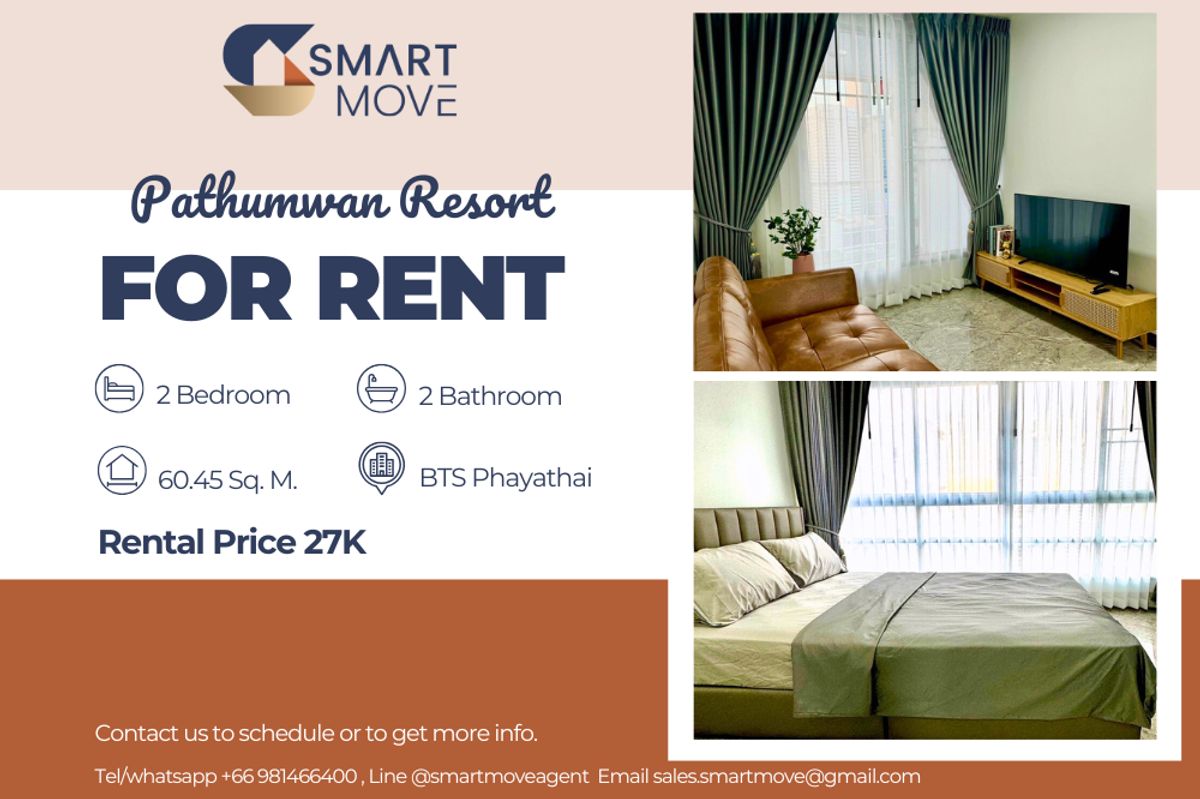 ให้เช่าคอนโดราชเทวี พญาไท : 🔥 สำหรับเช่า !!🔥Code C20240302473......Pathumwan Resort, 2 ห้องนอน, 2 ห้องน้ำ , ชั้นสูง 17++, แต่งครบ, พร้อมเข้าอยู่ 📣📣