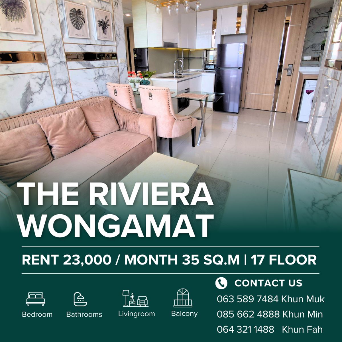ให้เช่าคอนโดพัทยา บางแสน ชลบุรี สัตหีบ : 🌊 The Riviera Wongamat – 23,000 THB/Month | 1BR | 35 sq.m. | 17 th Floor 🔥