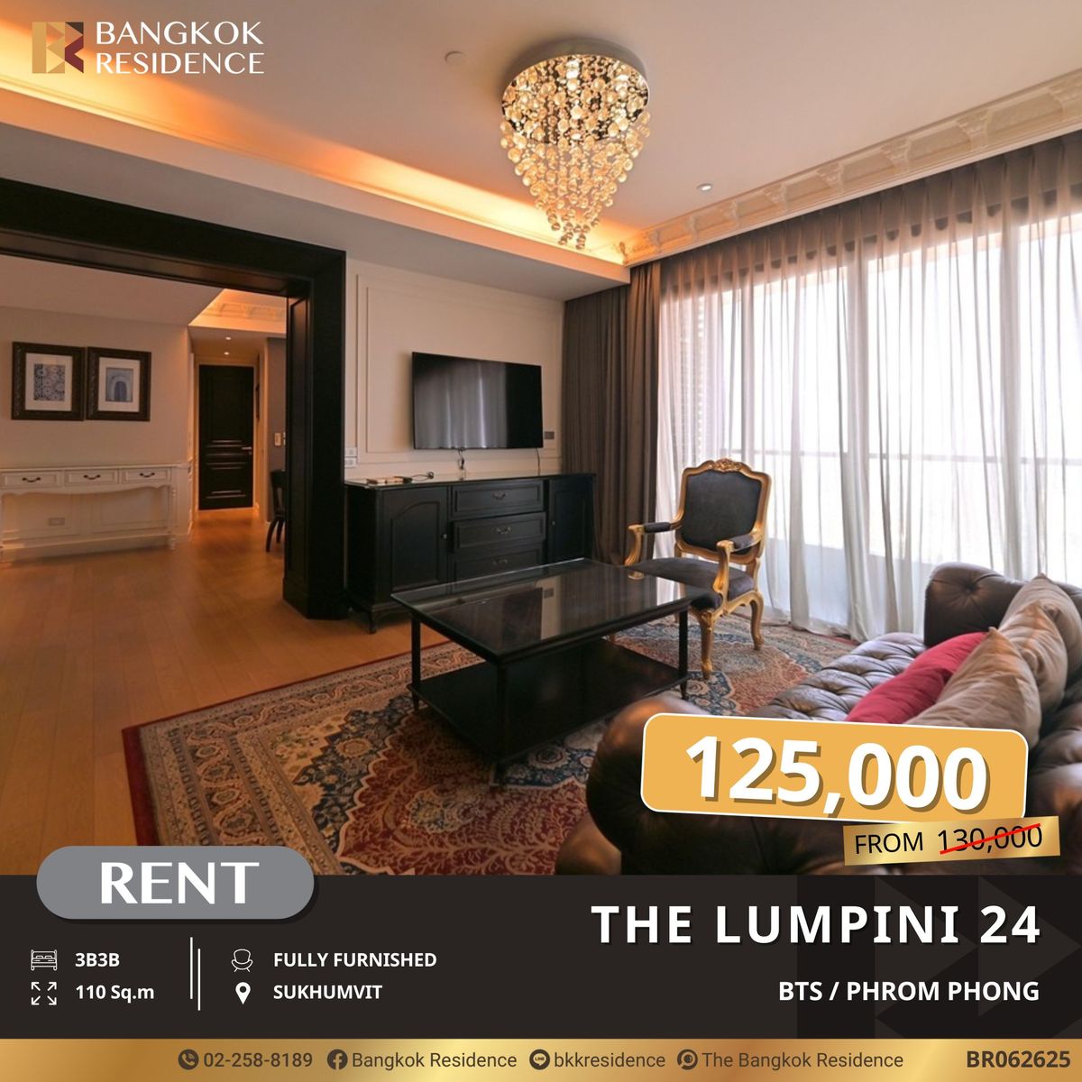 For RentCondoSukhumvit, Asoke, Thonglor : The Lumpini 24 Luxury 3-Bedroom Condo for Rent, Near BTS Phrom Phong