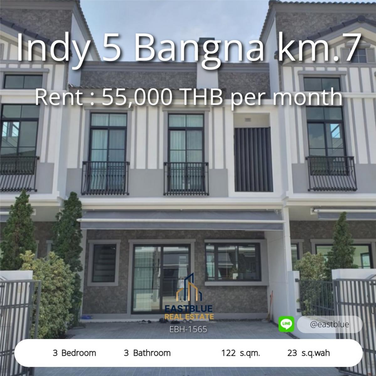 ให้เช่าทาวน์โฮมบางนา แบริ่ง ลาซาล : ให้เช่าทาวน์โฮม Indy 5 บางนา 3 ห้องนอน 55,000 บาท/เดือน 
พื้นที่ใช้สอย 122 ตร.ม. ใกล้ถนนใหญ่ พร้อมอยู่ทันที!