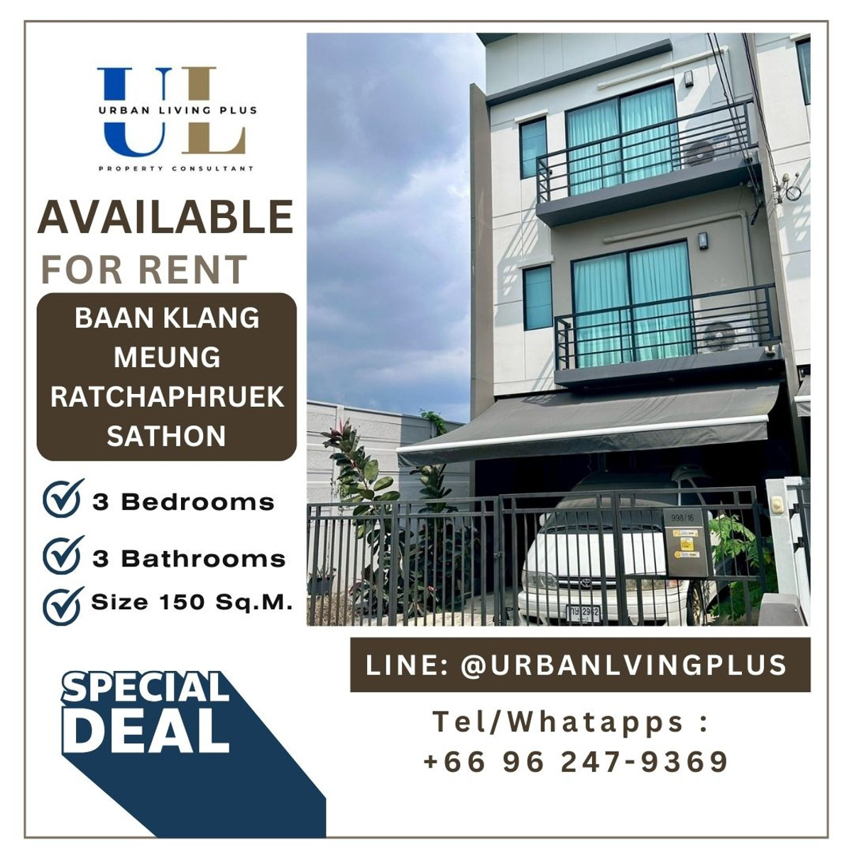 For RentTownhomeRama5, Ratchapruek, Bangkruai : ( UL2504023  ) Tel/Line 096-2479369 FOR RENT , Baan Klang Meung Ratchaphruek - Sathorn 3 bed 3 bath 150 Sq.M. New house