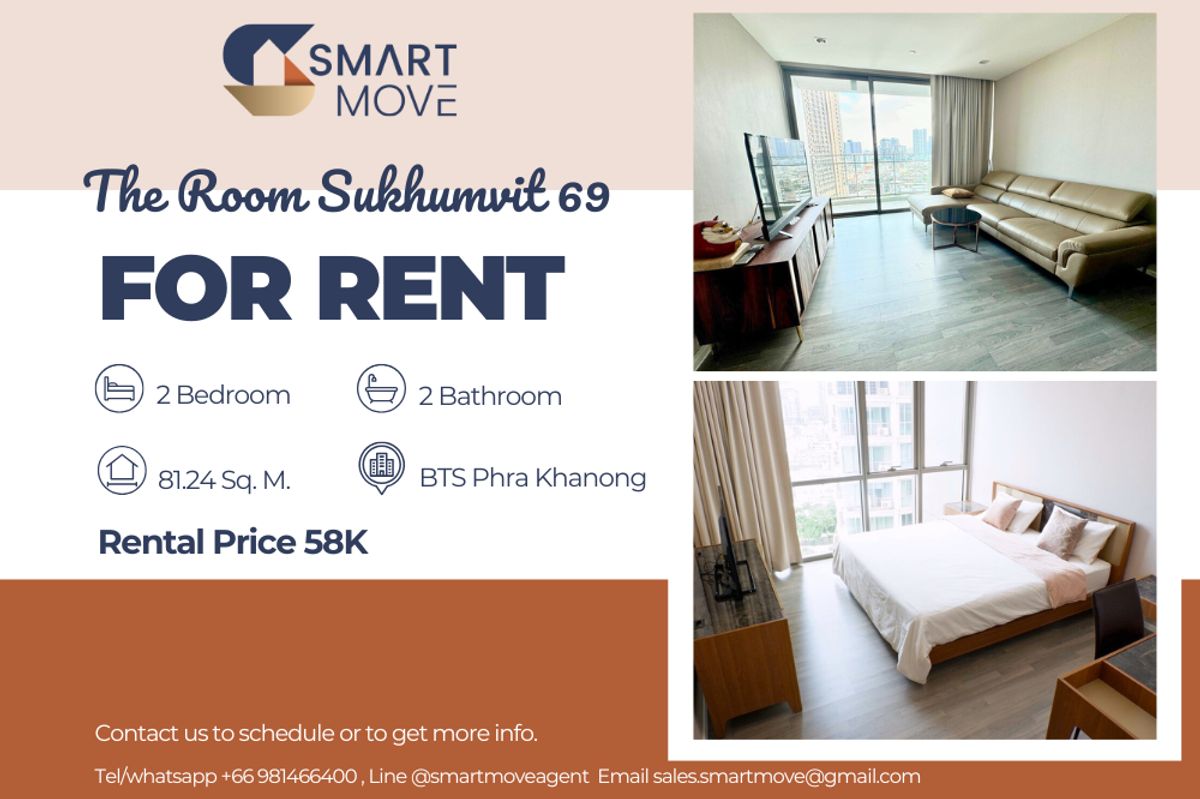 ให้เช่าคอนโดอ่อนนุช อุดมสุข : 🔥 สำหรับเช่า !! ห้องหายาก !! 🔥Code C20250300027....The Room Sukhumvit 69, 2 ห้องนอน, 2 ห้องน้ำ, ชั้นสูง 14++, แต่งครบ, พร้อมเข้าอยู่