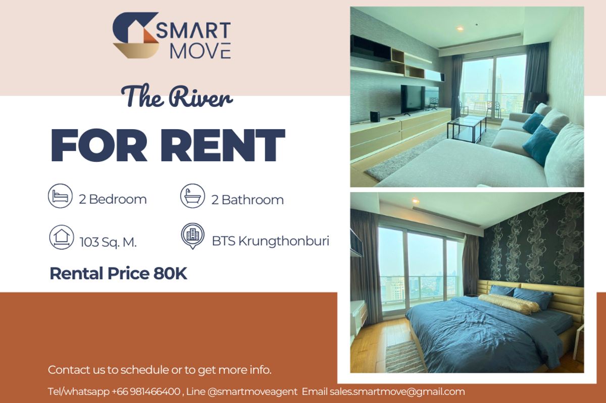 ให้เช่าคอนโดวงเวียนใหญ่ เจริญนคร : 🔥 สำหรับเช่า !! ห้องหายาก !! 🔥Code C20230109522....The River, 2 ห้องนอน, 2 ห้องน้ำ, ชั้นสูง 45++, ทิศเหนือ, แต่งครบ, พร้อมเข้าอยู่