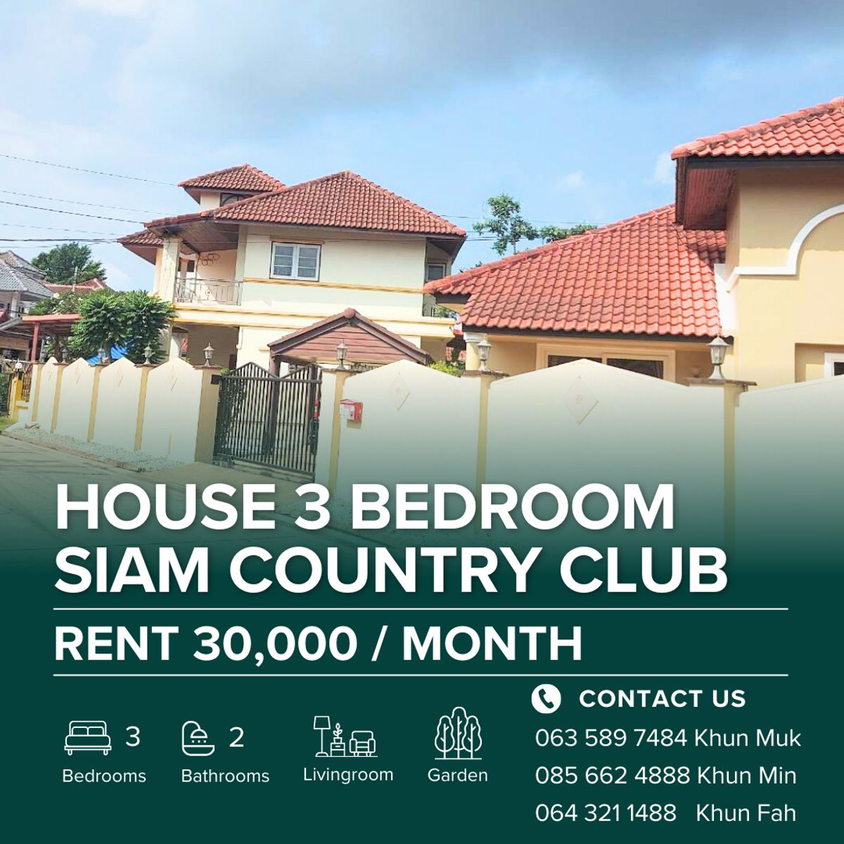 For RentHousePattaya, Bangsaen, Chonburi : 🏠 House for Rent – 3 Bedrooms, 2 Bathrooms  30,000 / Month | Park Village, Pattaya