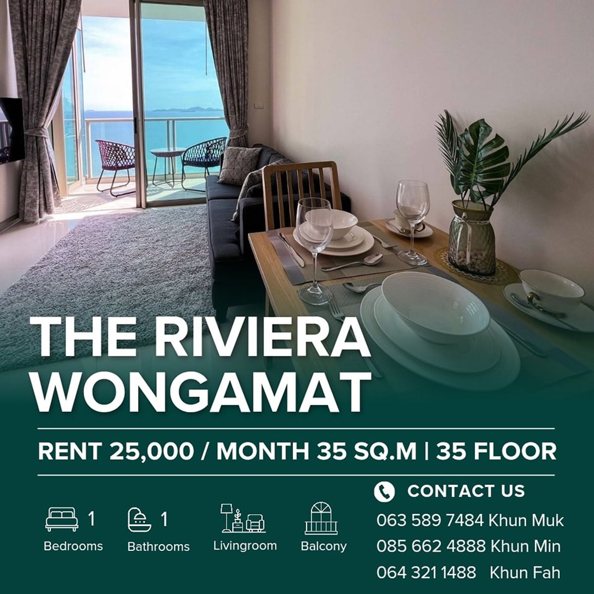 ให้เช่าคอนโดพัทยา บางแสน ชลบุรี สัตหีบ : 🌊 The Riviera Wongamat – 25,000 THB/Month | 1BR | 35 sq.m. | 35 th Floor 🔥