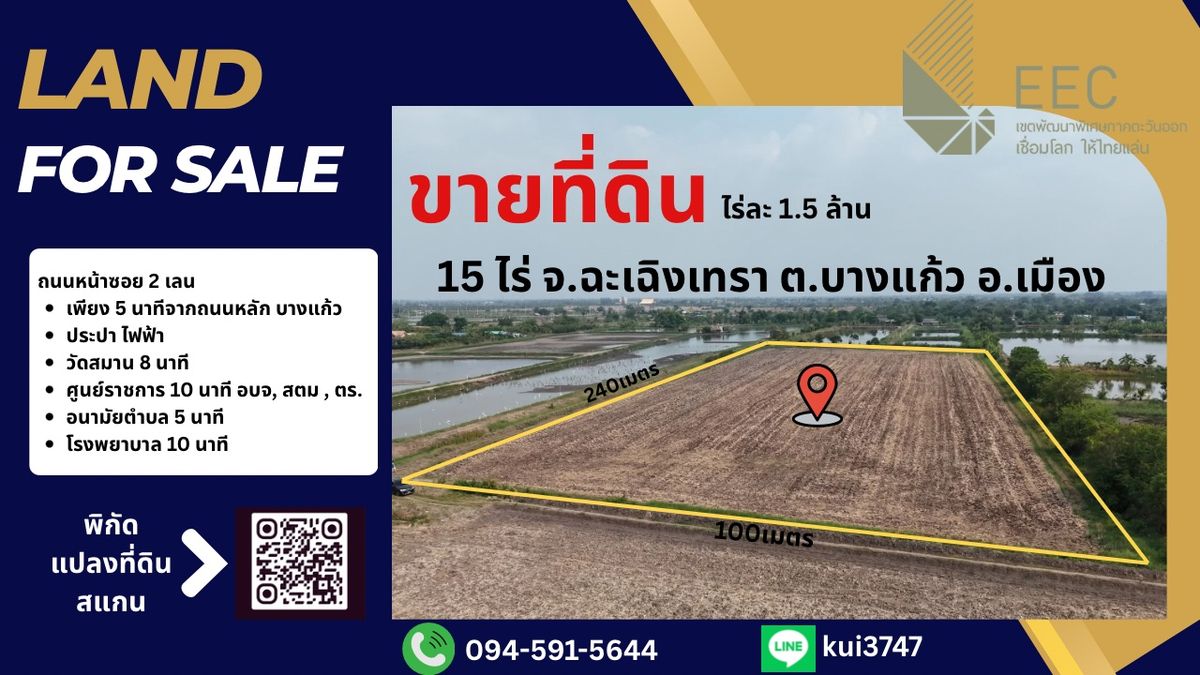 ขายที่ดินฉะเชิงเทรา : ขายที่ดิน ต.บางแก้ว อ.เมือง จ.ฉะเชิงเทรา เนื้อที่ 15 ไร่ ถนนลาดยาง ซอย บางแก้ว6/3