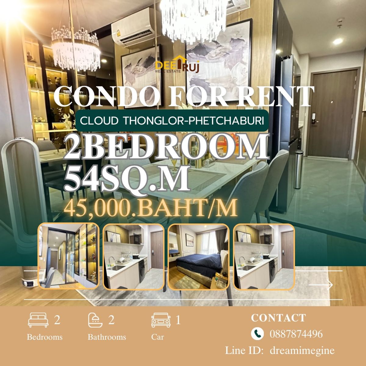 For RentCondoRama9, Petchburi, RCA : 2 bedrooms, Condo Cloud Thonglor-Phechaburi, beautiful room, high view