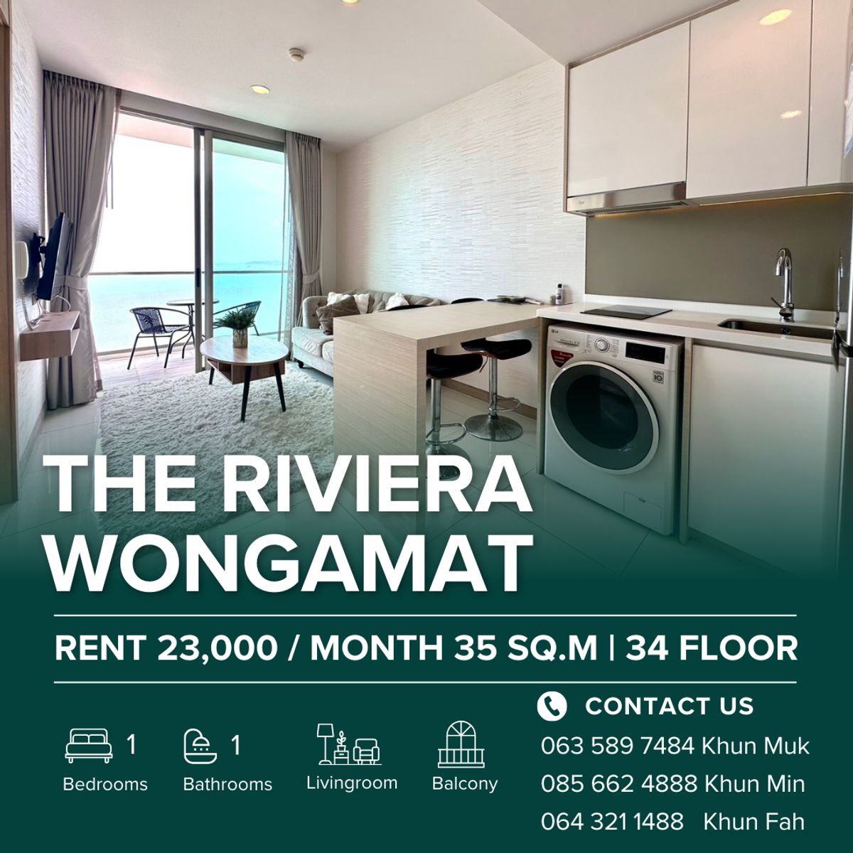 ให้เช่าคอนโดพัทยา บางแสน ชลบุรี สัตหีบ : The Riviera Wongamat  34th Floor | 1 Bedroom | 35 sq.m. | Just 23,000 THB/Month
