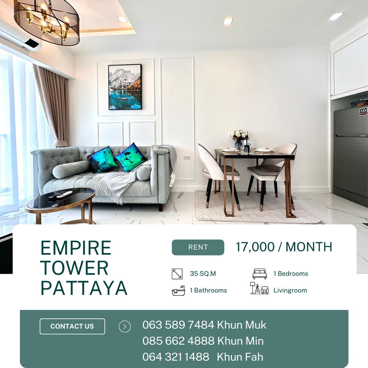 ให้เช่าคอนโดพัทยา บางแสน ชลบุรี สัตหีบ : 🌆 Empire Tower Pattaya – 17,000 THB/Month | 1BR | 35 sq.m. | Floor 12A 🌆
