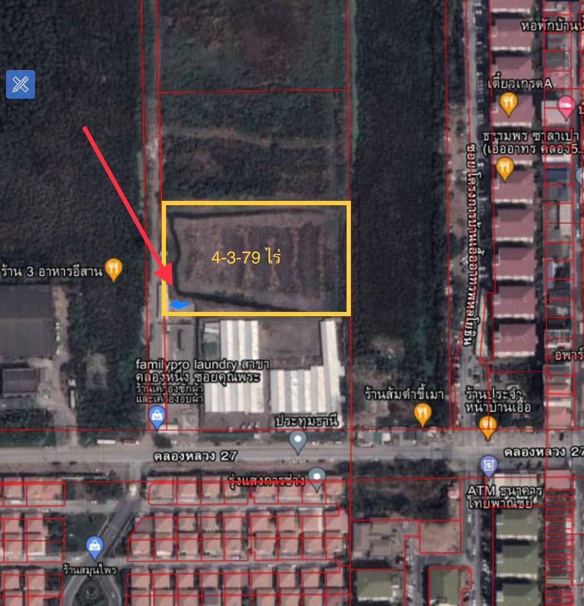 For SaleLandPathum Thani,Rangsit, Thammasat : Beautiful plot of land, Khlong Luang 27 (Khun Phra), 5 rai (4-3-79 rai), the yellow city plan, approximately 69*114 meters long, suitable as Ware House, condominium warehouse