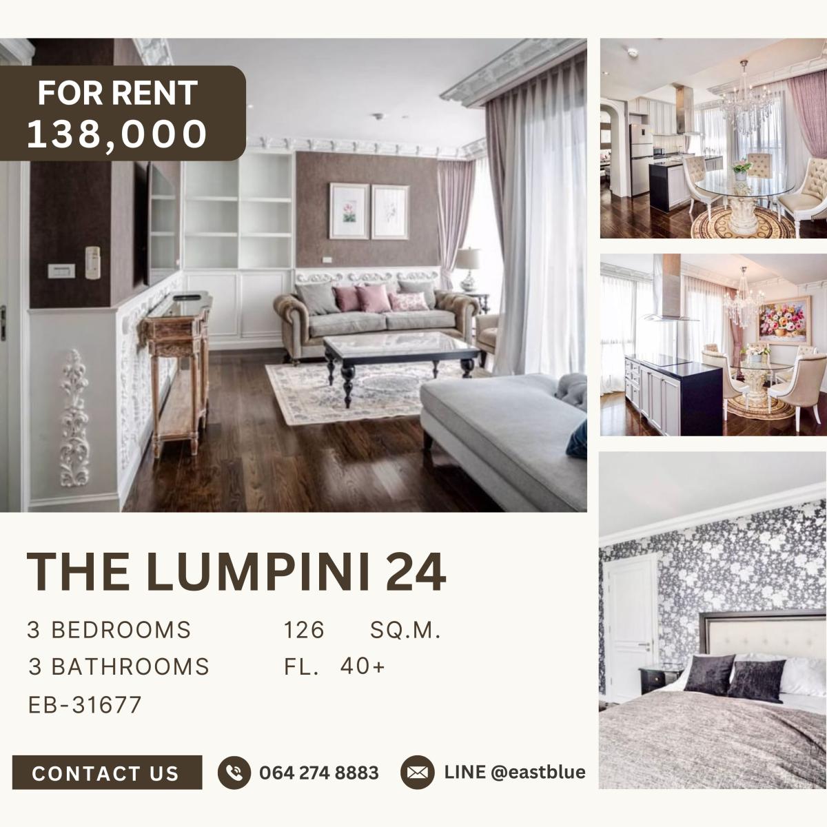 For RentCondoSukhumvit, Asoke, Thonglor : The Lumpini 24, 3  bed,  138000  per month