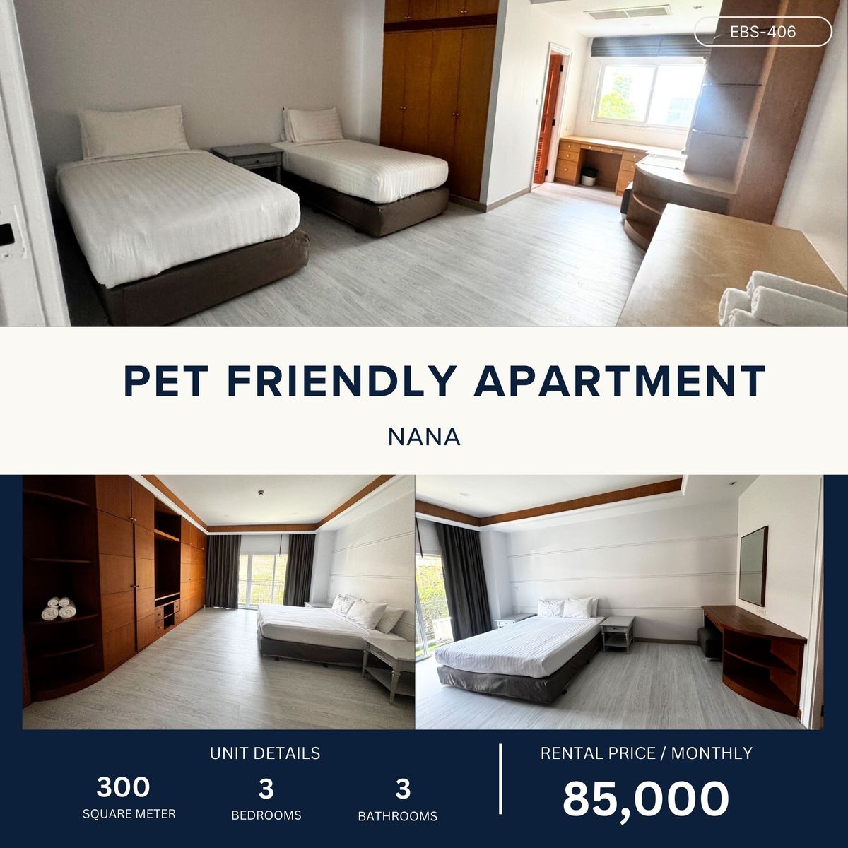 ให้เช่าคอนโดนานา : Pet Friendly Apartment 3 bed 300 sqm Prime Location BTS Nana 85,000