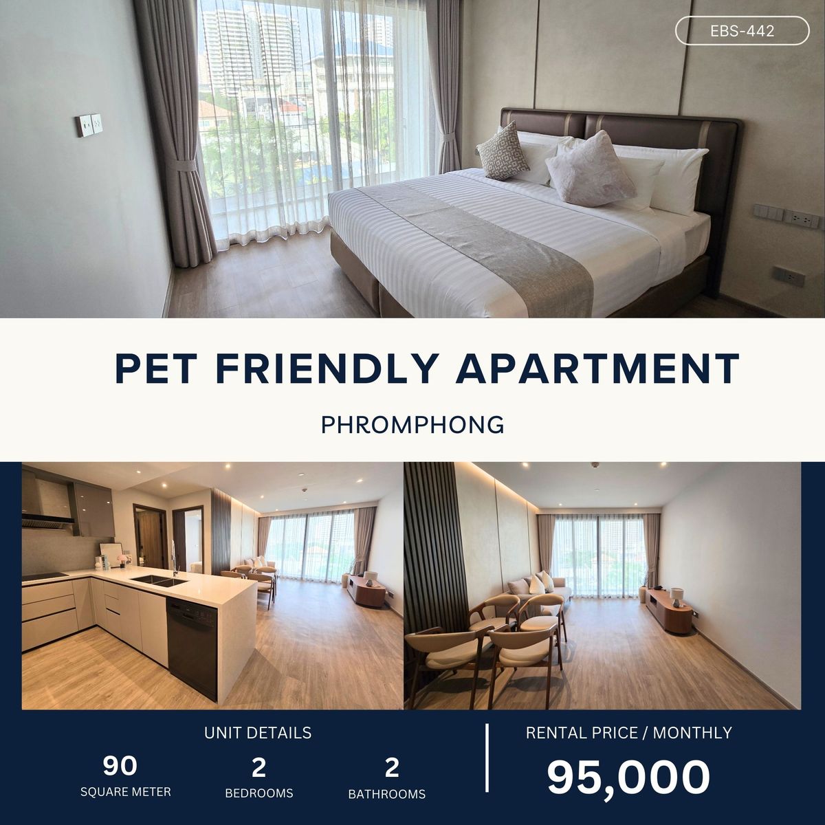 ให้เช่าสุขุมวิท อโศก ทองหล่อ :  Spacious Pet friendly 2BR apartment in phromphong 90 sqm 95,000 per month