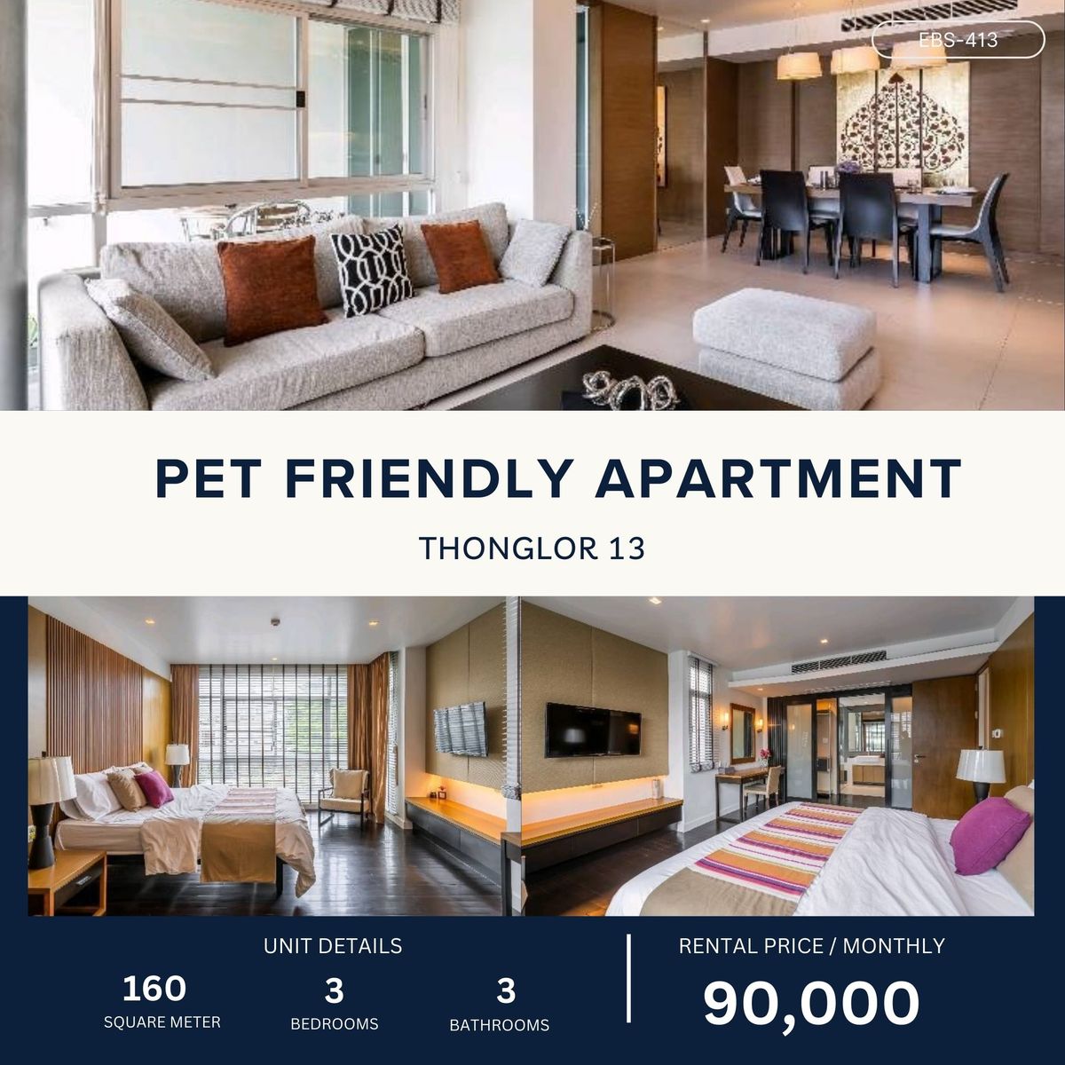 ให้เช่าสุขุมวิท อโศก ทองหล่อ : Spacious Pet-Friendly 3BR Apartment in Thonglor 160 sqm 90,000 per month