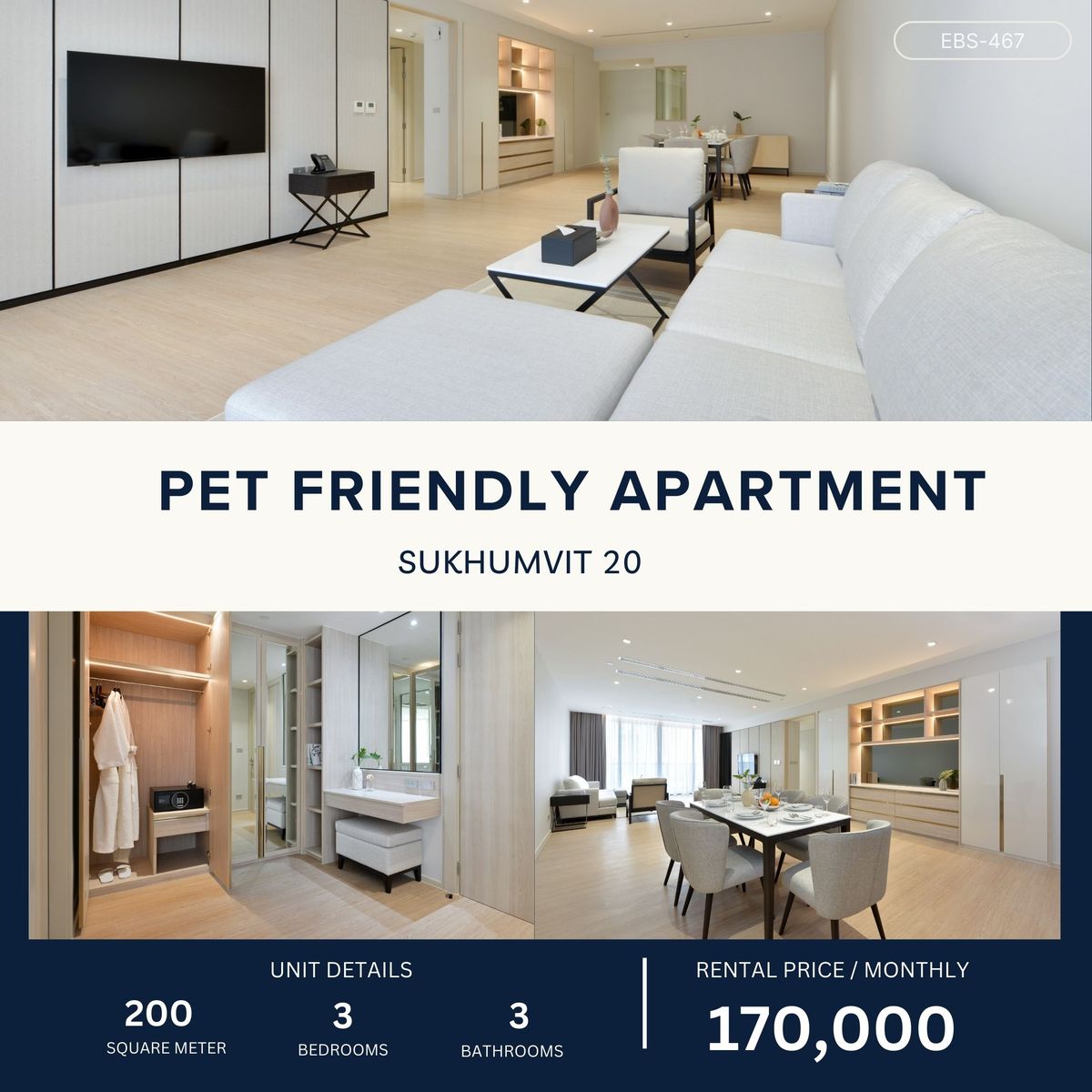 ให้เช่าสุขุมวิท อโศก ทองหล่อ :  Pet friendly apartment in Asoke Phromphong 3 bed 3 bath 200 sqm 170,000 per month