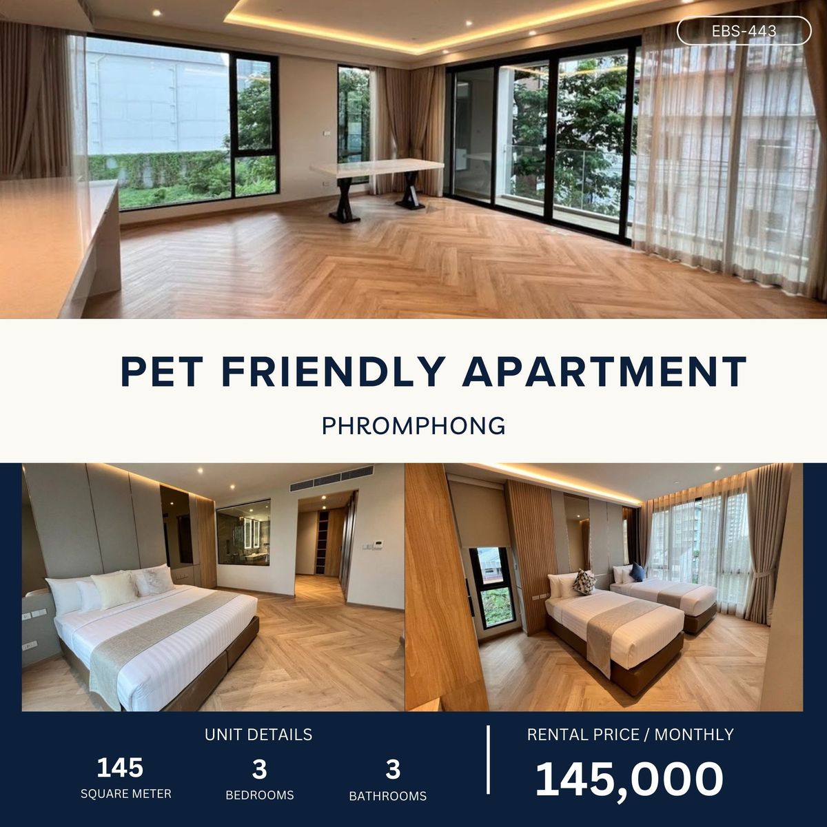 ให้เช่าสุขุมวิท อโศก ทองหล่อ :  Spacious pet friendly 3br apartment in Phromphong 145sqm 145,000 per month