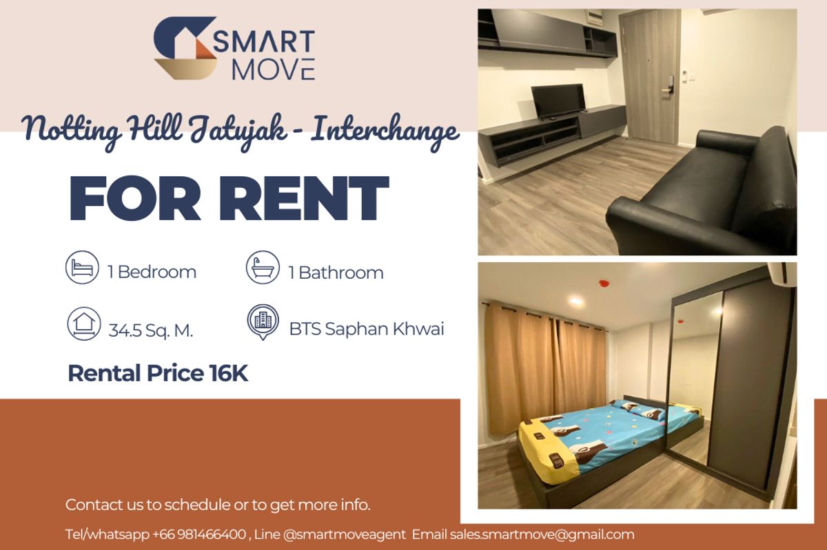 ให้เช่าคอนโดสะพานควาย จตุจักร : 🔥 สำหรับเช่า !!🔥 Code C20231000538..........Notting Hill Jatujak - Interchange, 1 ห้องนอน, 1 ห้องน้ำ, แต่งครบ, พร้อมเข้าอยู่ 📣📣