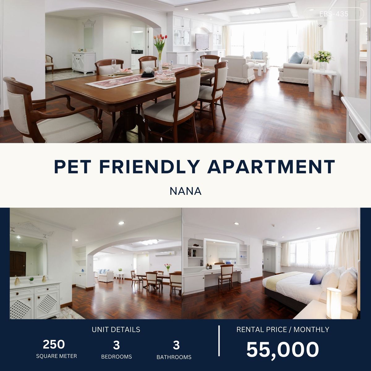 ให้เช่าคอนโดสุขุมวิท อโศก ทองหล่อ : Spacious Pet-Friendly 3BR Apartment BTS Nana 250 sqm 55,000 per month