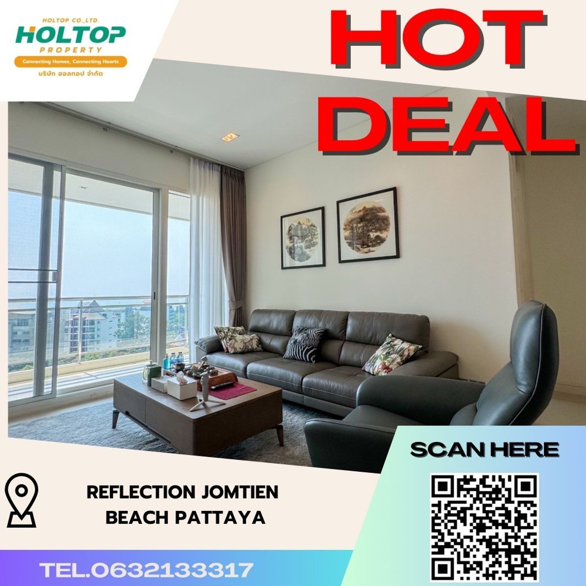 ขายคอนโดพัทยา บางแสน ชลบุรี สัตหีบ : Owner  pos!!! เจ้าของขายเอง คอนโด Reflection Jomtien Beach Pattaya  รีเฟลคชั่น จอมเทียนบีช พัทยา รูปแบบห้อง  2 ห้องนอน 2 ห้องน้ำ 