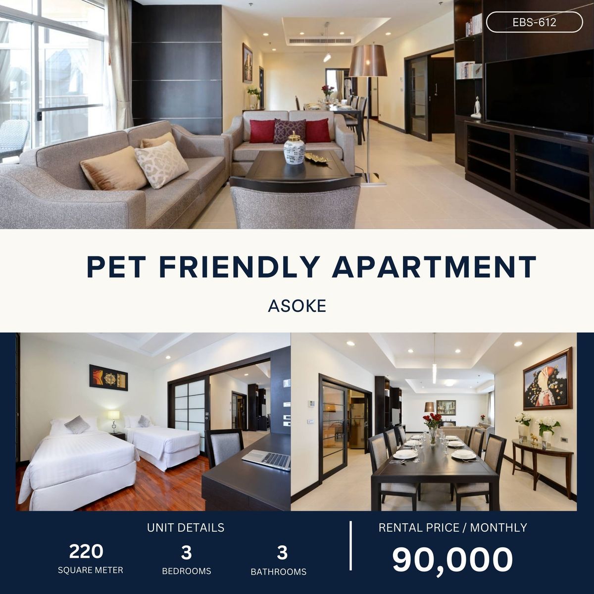 ให้เช่าคอนโดสุขุมวิท อโศก ทองหล่อ : Spacious Pet-Friendly  3BR Apartment in Asoke 220 sqm 90,000 per month