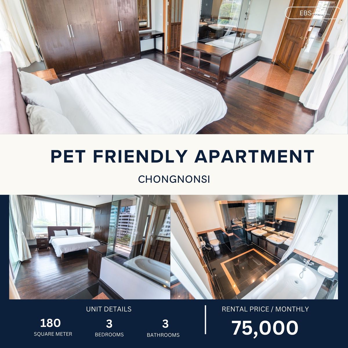 For RentCondoSathorn, Narathiwat : 3BR PET Friendly and Spacious 180 SQM BTS Chongnonsi 75,000 Per month