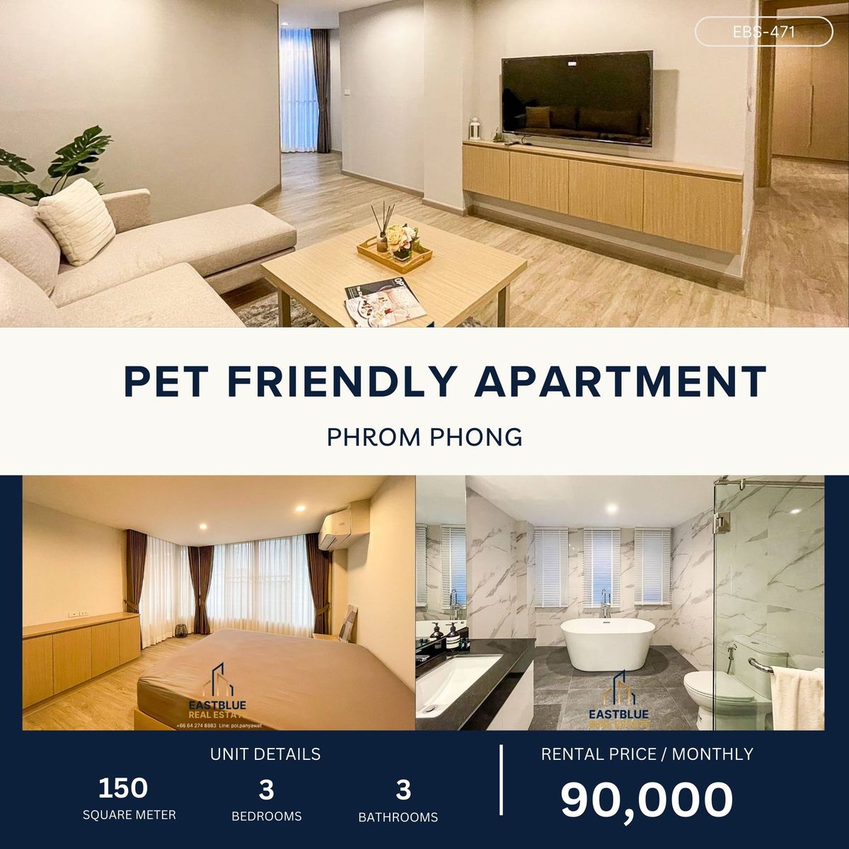 ให้เช่าคอนโดสุขุมวิท อโศก ทองหล่อ : 3 Bedroom Apartment in Phromphong – Pet Friendly for rent 45,000/month