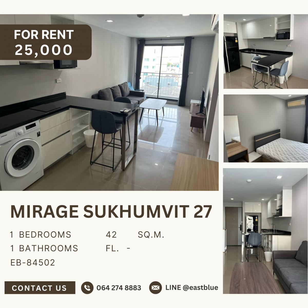 ให้เช่าคอนโดสุขุมวิท อโศก ทองหล่อ : Mirage Sukhumvit 27, 1  bed,  25000  per month