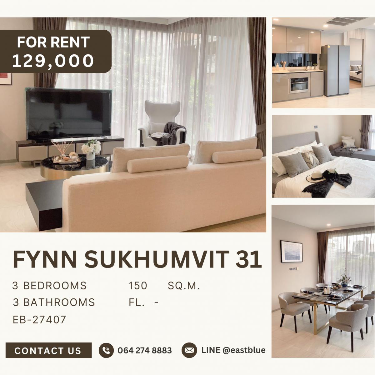 ให้เช่าคอนโดสุขุมวิท อโศก ทองหล่อ : FYNN Sukhumvit 31, 3  bed,  129000  per month