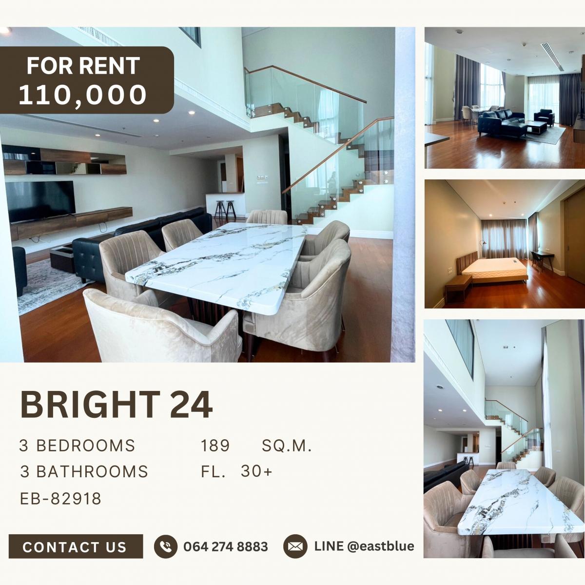 ให้เช่าคอนโดสุขุมวิท อโศก ทองหล่อ : Bright 24, 3  bed,  110000  per month