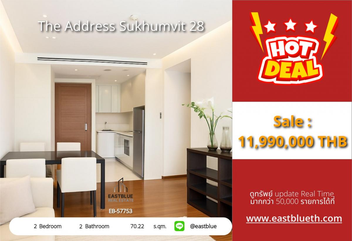ขายคอนโดสุขุมวิท อโศก ทองหล่อ : 06/02/2026, รวมค่าโอนTop Luxury Condo The Address Sukhumvit 28 – 2 Bed, Near BTS Phrom Phong 70 ตร.ม. ราคาพิเศษ 11.99 ลบ. พร้อมสิ่งอำนวยความสะดวกครบครัน!