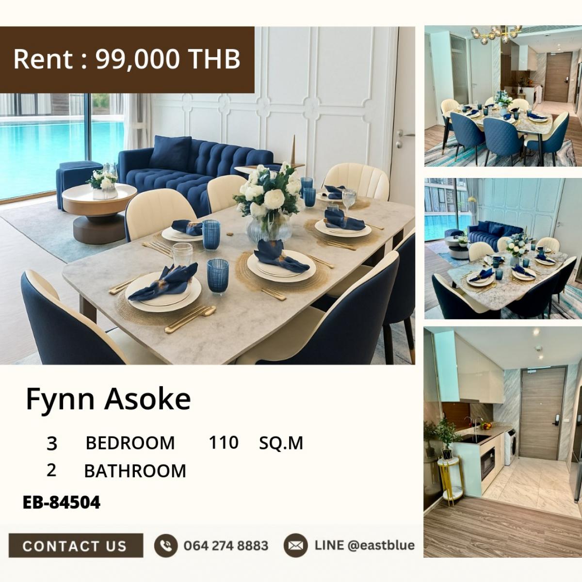 For RentCondoSukhumvit, Asoke, Thonglor : 22/03/2026, Luxury in Asoke! 3 bedrooms 110 sqm. Near BTS/MRTFor rent with complete facilities Price 99,000 THB/month 0642748883