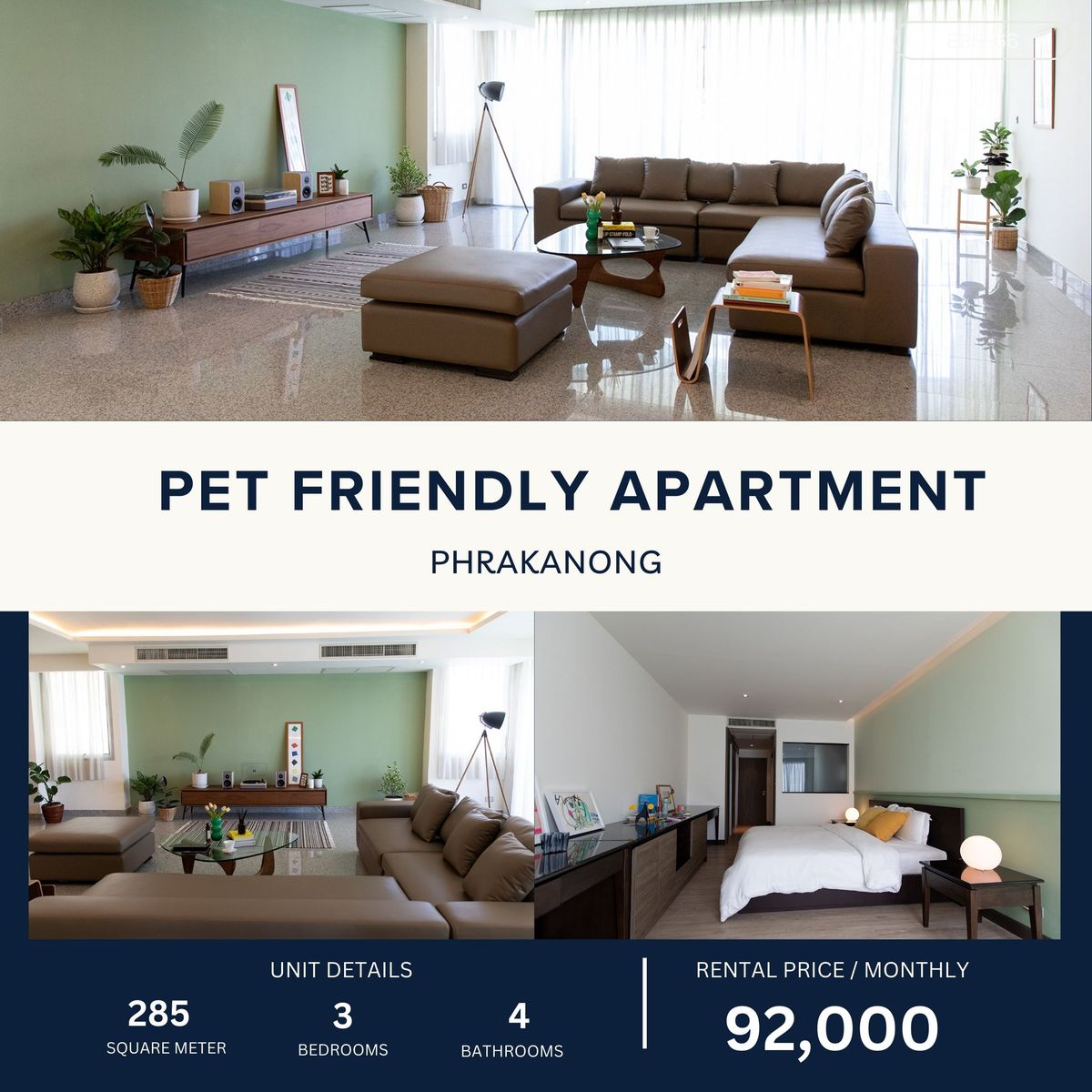 For RentCondoOnnut, Udomsuk : Pet-Friendly Luxury Apartment in Phrakanong 3 Bed 4 Bath 285 SQM 92,000 Per Month
