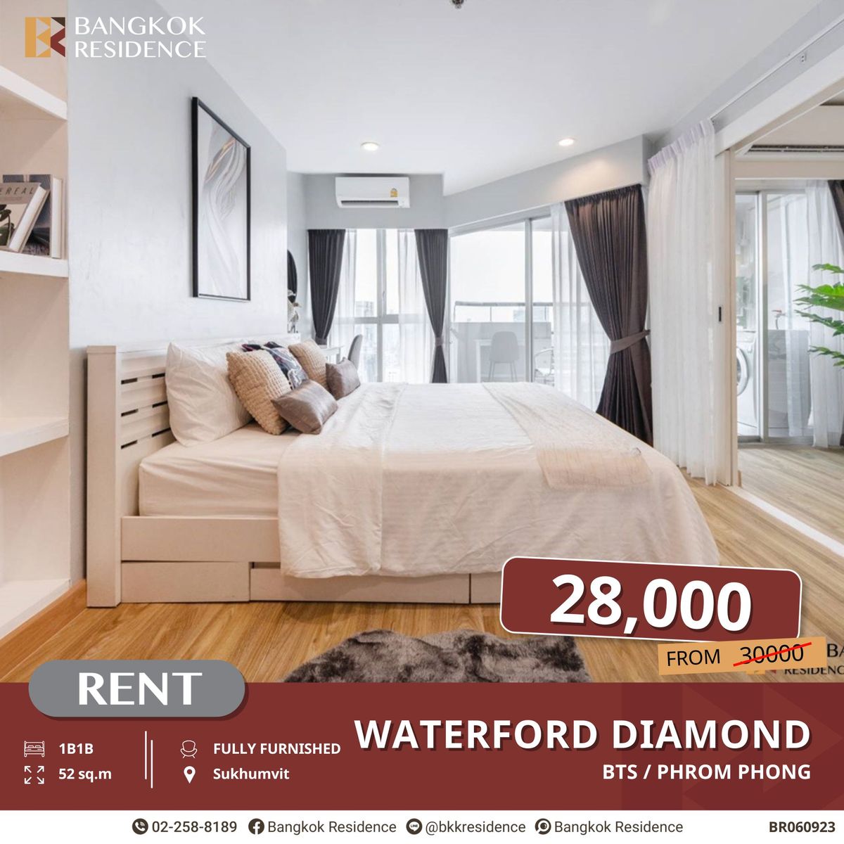 ให้เช่าคอนโดสุขุมวิท อโศก ทองหล่อ : ห้องกว้าง! Waterford Diamond 1นอน 52ตรม. ใกล้ BTS พร้อมพงษ์