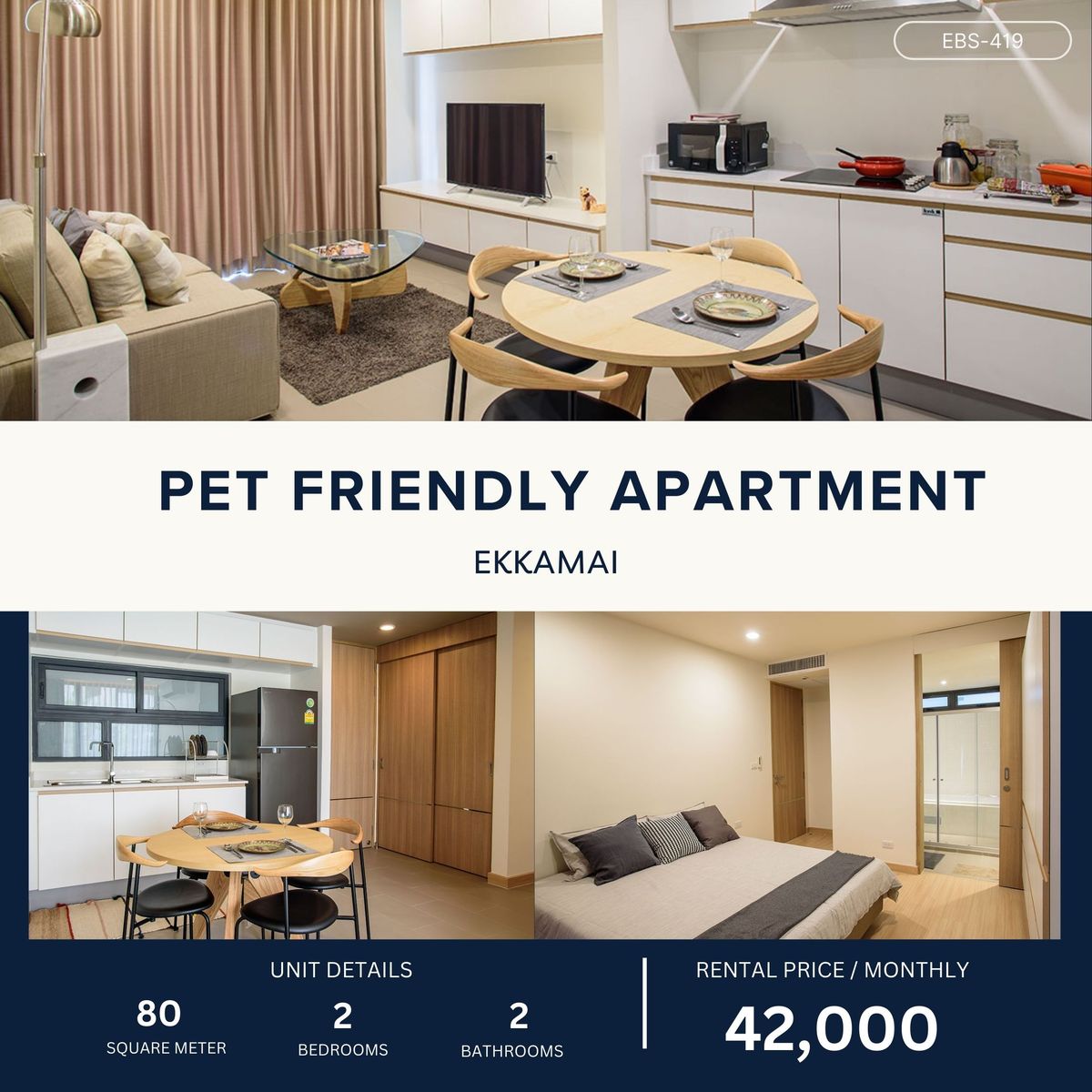 ให้เช่าคอนโดสุขุมวิท อโศก ทองหล่อ : Pet-Friendly Apartment in Thonglor 2 Bed 2 Bath 80 sqm 42,000 per month