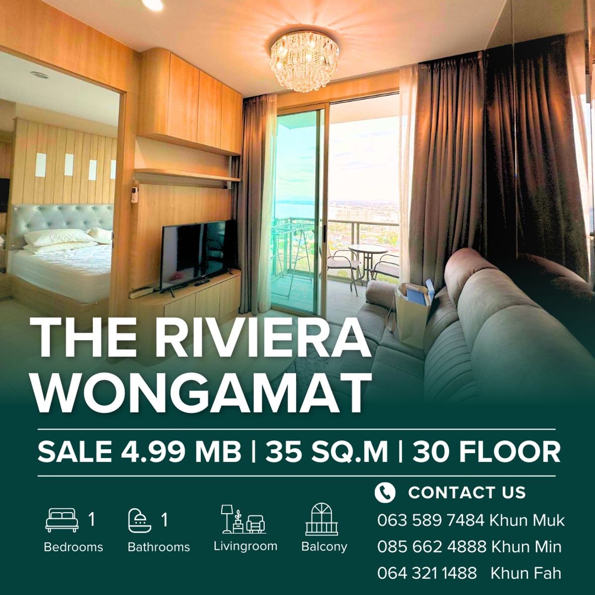 ขายคอนโดพัทยา บางแสน ชลบุรี สัตหีบ : 🌊 The Riviera Wongamat – For Sale 4.99 MB | 1BR | 35 sq.m. | 30 th Floor 🔥