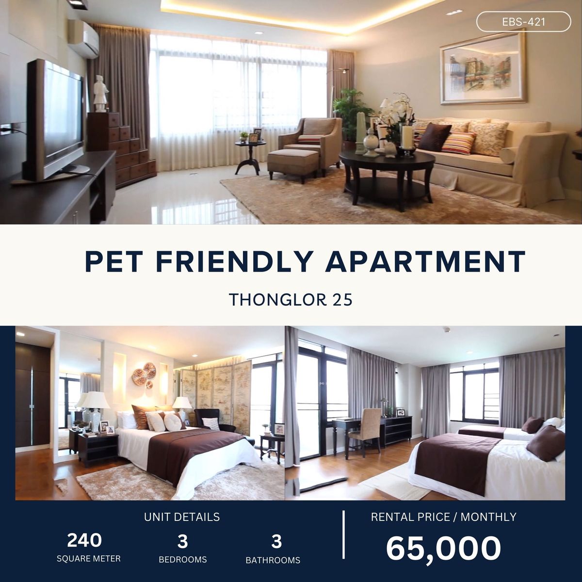 ให้เช่าคอนโดสุขุมวิท อโศก ทองหล่อ : Spacious Pet-Friendly 3BR in the Heart of Thonglor 240 sqm for rent 65k