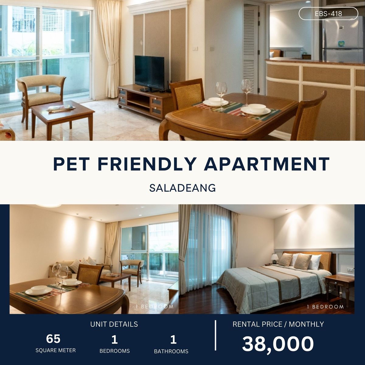 ให้เช่าสีลม ศาลาแดง บางรัก : Pet Friendly Fully furnished 1BR 65 sqm Prime location Silom-Sathorn only 38,000