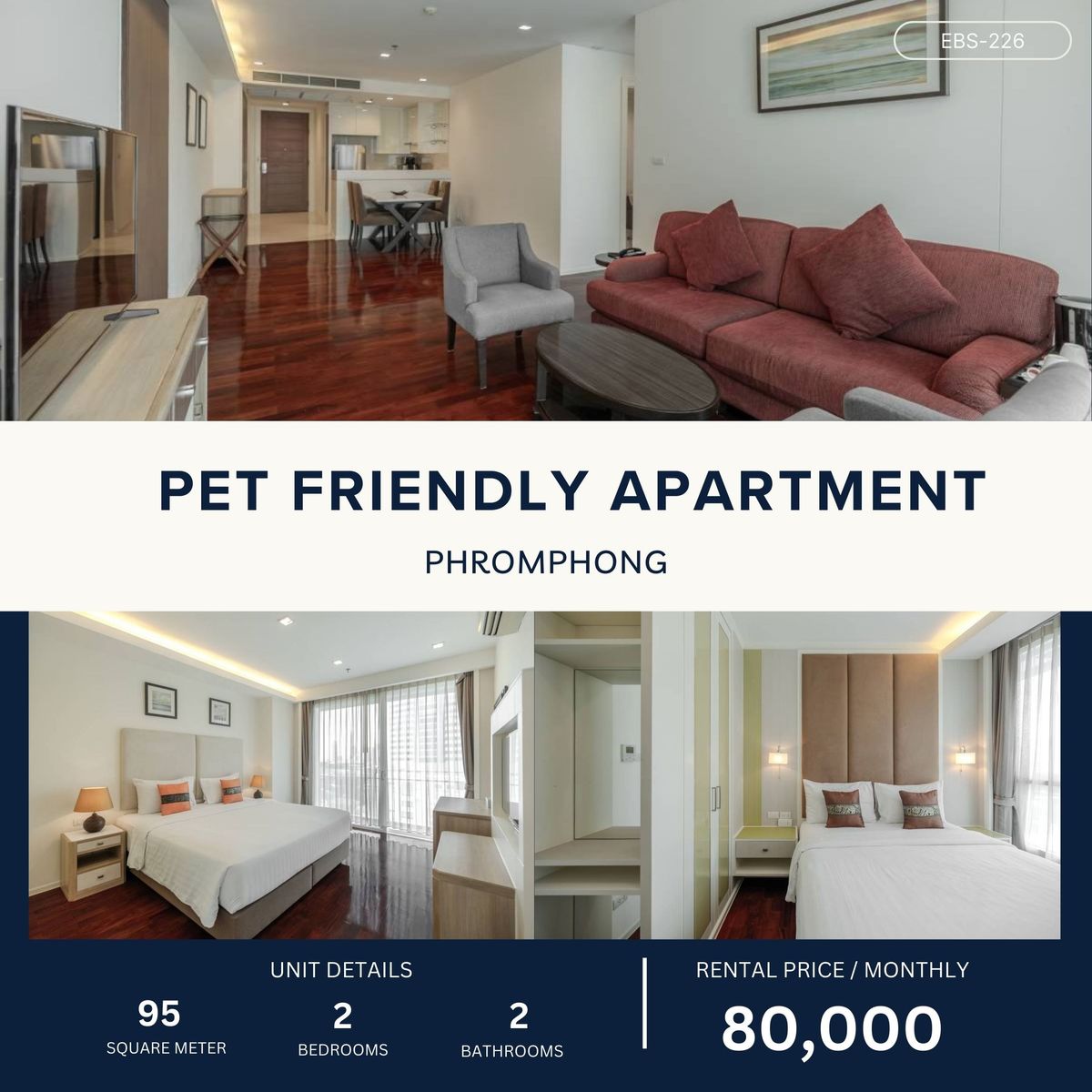 ให้เช่าคอนโดสุขุมวิท อโศก ทองหล่อ : Beautifully Decorated Apartment in Phromphong – Pet Friendly 2BR 95 sqm 80,000