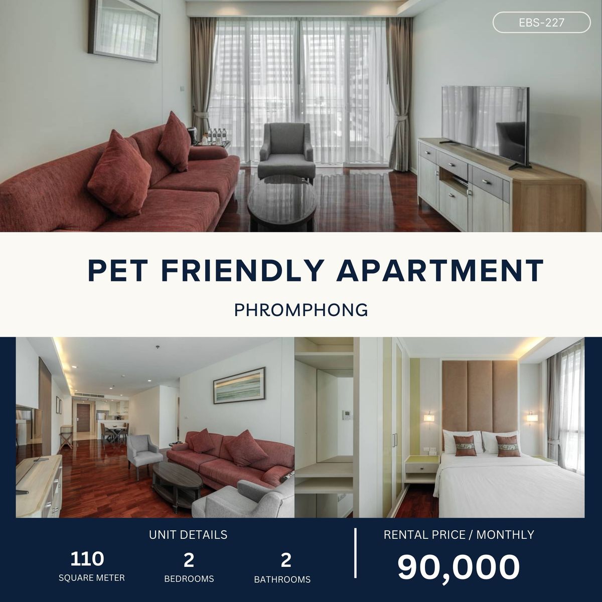 ให้เช่าสุขุมวิท อโศก ทองหล่อ : Beautifully Decorated Apartment in Phromphong – Pet Friendly 2BR 110 sqm 90,000