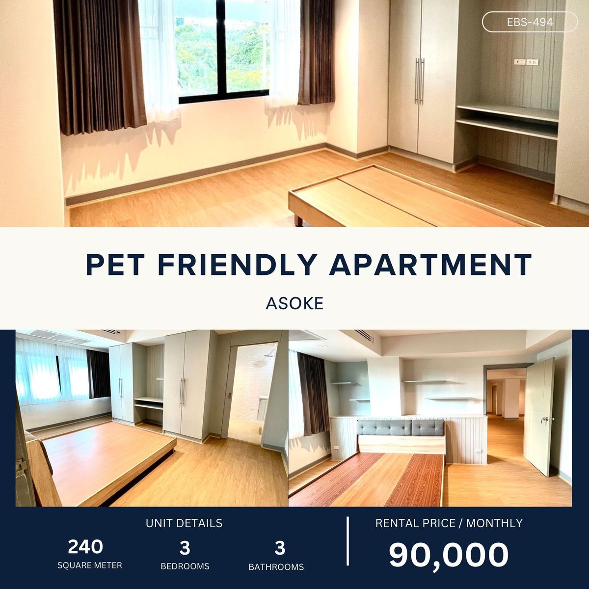 ให้เช่าสุขุมวิท อโศก ทองหล่อ : Pet Friendly Big-Sized Apartment near BTS Asoke 3BR 240 sqm 90,000 per month