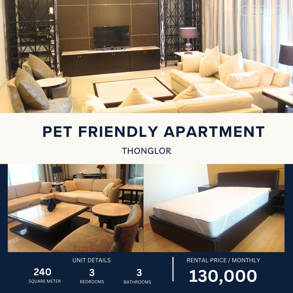 ให้เช่าสุขุมวิท อโศก ทองหล่อ : Pet-Friendly Apartment short walk to BTS Thong Lo 3BR 240 sqm 130,000 per month